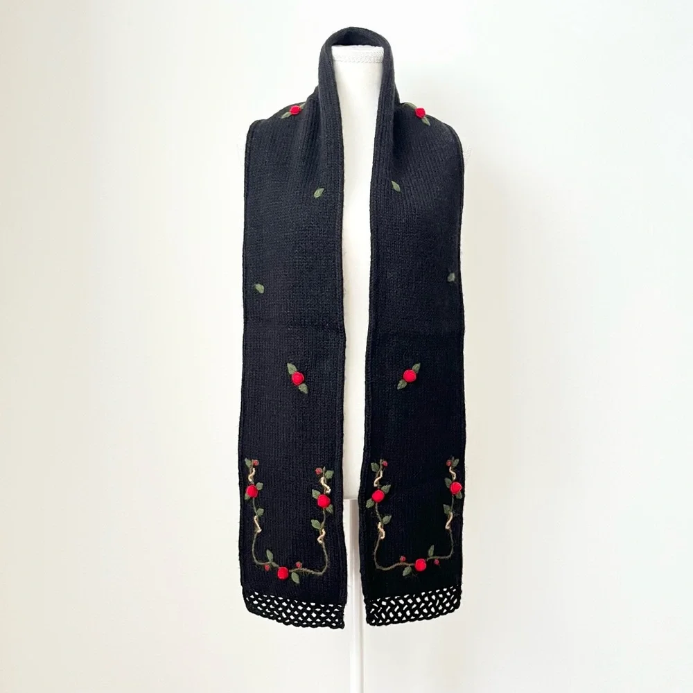 Neckworks Women's Alpaca Blend Knit Scarf Rose Embroidery Crochet Trim Peru